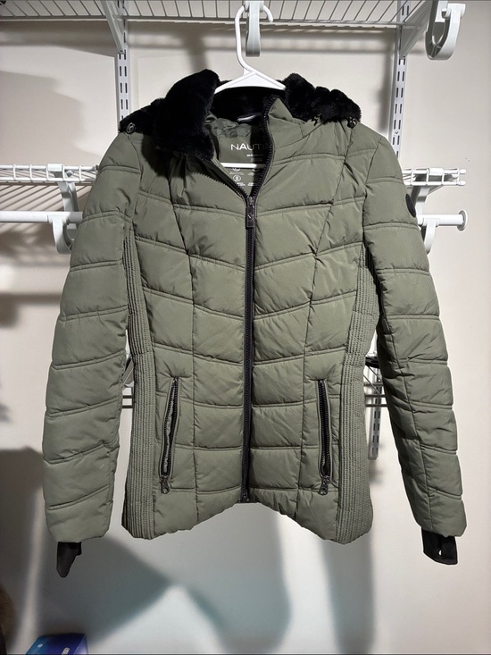 Nautica Jackets & Blazers - Nautica Olive Green Quilted Puffer Jacket with Black Faux Fur Hood Trim